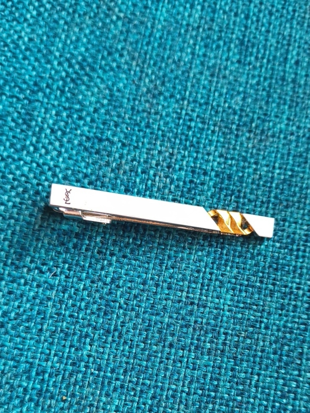 YSL Vintage Silver Gold Chain Link Tie Clip Barrette Accessory